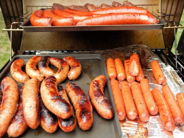 sausages on a grill